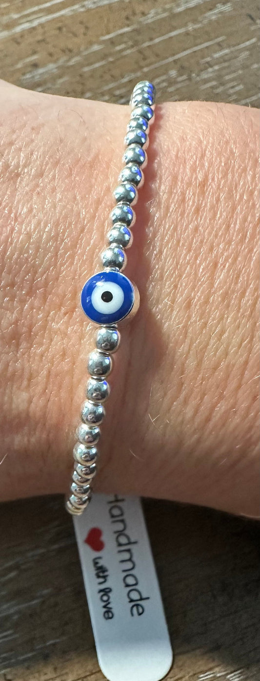 3M  Silver Hematite Beaded Bracelet Evil Eye Beaded Bracelets, great gift for guys or girls, stackable, handmade, hamsa
