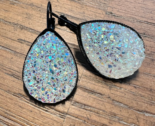 18x25mm Black Stainless Steel, French Lever Back Tear Drop Style Earrings, Druzy Clear, Pink, Pale Pink &  Green, hypoallergenic, Great Gift