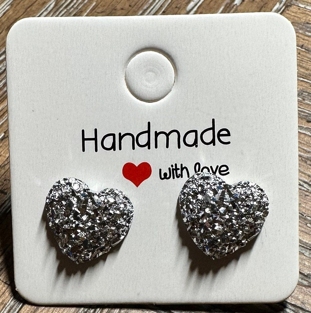12M Blue, Pink, Clear, Heart Shaped Stud Earrings in Druzy style with Stainless Steel Backs, great gift for girls