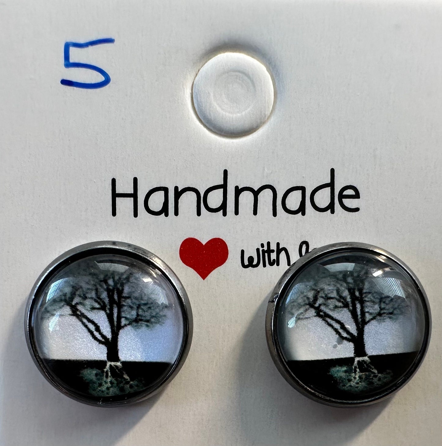 12M Black and White Tree Scene Stud earrings, great guy or girl gifts, unique, Silver stainless steel won't tarnish, hypoallergenic, unique