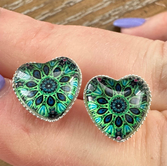 12M Heart Mosaic Floral and Peacock Stud Earrings with Silver stainless steel backs , great girl or guy gift and Unique