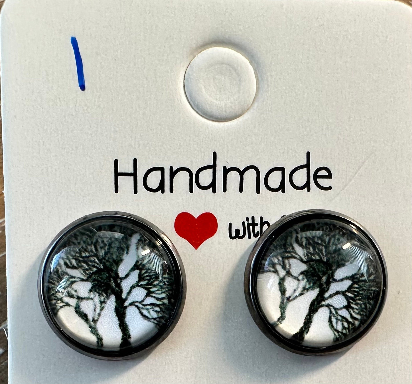 12M Black and White Tree Scene Stud earrings, great guy or girl gifts, unique, Silver stainless steel won't tarnish, hypoallergenic, unique