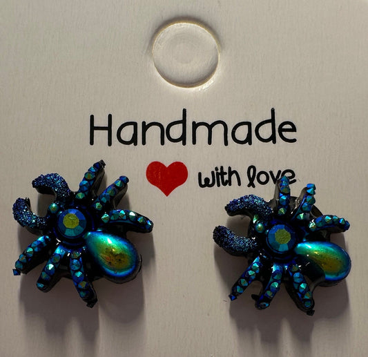 13M 3D Spiders in Black and Blue, Halloween, unique and fun Earrings, great guy or girls gift, hypoallergenic, with Brass Backs