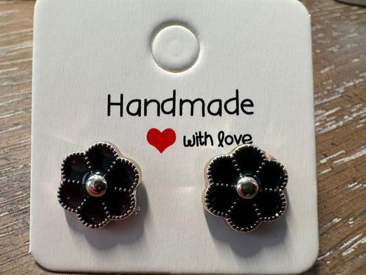 11MM Black and Gold Cute Flower Cabochon Earrings, with Stainless Steel Backs, Unique and Fun Earrings, Great Girls Gift, Hypoallergenic