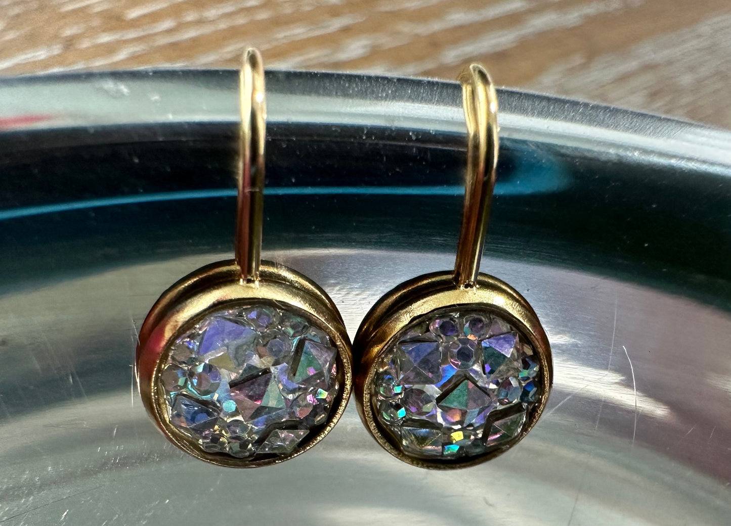 10M Clear Sparkly Druzy Gold French Lever Earrings, Stainless Steel, Very shiny, Great gift for girl or boy, Gold French Lever