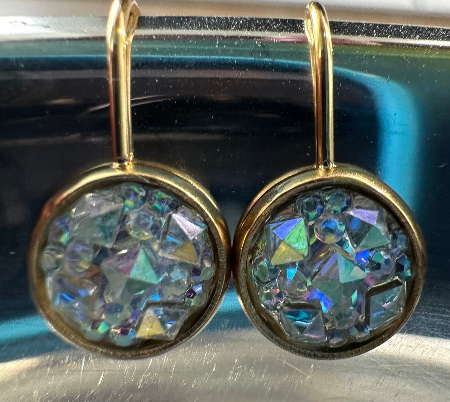 10M Clear Sparkly Druzy Gold French Lever Earrings, Stainless Steel, Very shiny, Great gift for girl or boy, Gold French Lever