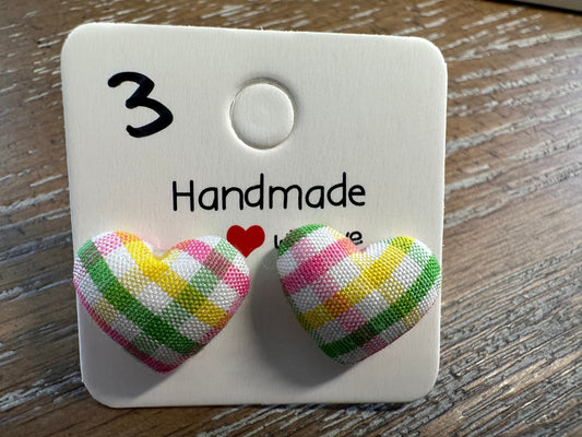 15M Heart Shaped Plaid Stud Earrings Pillow Button style with Stainless Steel Backs, hypoallergenic, great unique gift