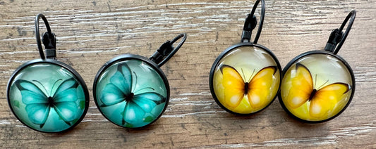 16M Yellow Butterfly and Teal Butterfly French Lever Back Earrings, Stainless Steel Black Frame, Great Gift