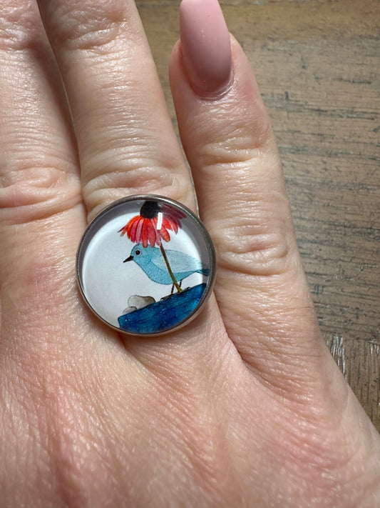 20MM Silver Stainless Steel, Circle/Round Bezel Setting Bird and Floral Rings, Scenery, Unique Gift, Adjustable, Cabochon Glass Dome